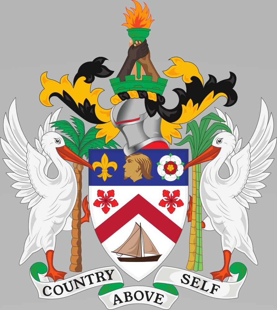 The coat of arms of Saint Kitts and Nevis features a Carib that represents the original inhabitants of the islands, and a fleur-de-lis and rose that represent the French and English who arrived in the 1620s. The shield also features the poinciana (the national flower) and a traditional boat. Three hands hold the torch, which represents the quest for freedom: the hand of an African, a European, and a person of mixed ethnicity. Pelicans (the national bird) support the shield, with a sugarcane plant and a coconut tree that symbolize the land.