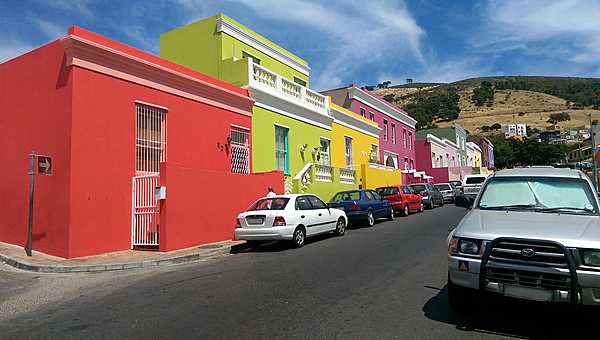 Buildings in the Bo-Kaap District in Cape Town with very brightly painted exteriors.