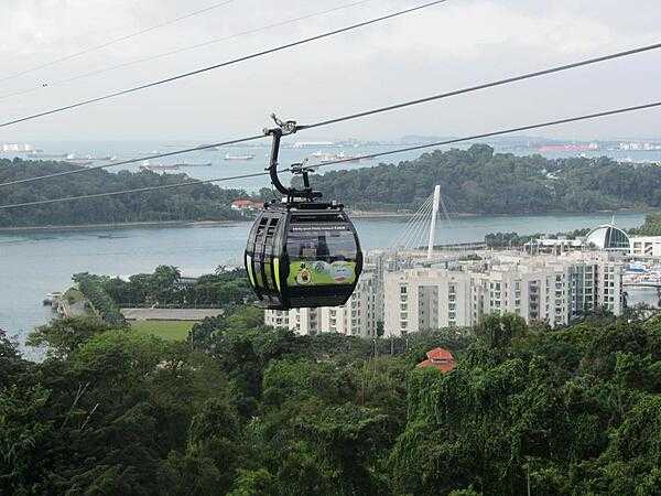 View from Mount Faber of cable car connecting mainland Singapore to Sentosa Island. The coast of Indonesia may be seen in the distance.