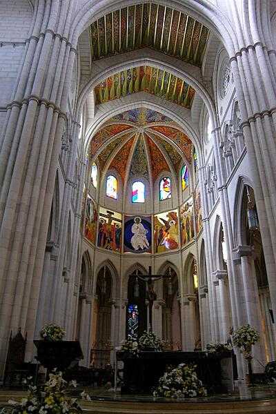 The interior of the neo-Gothic Cathedral of Santa Maria la Real de La Almudena in Madrid.