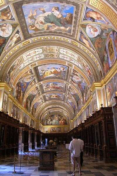 The library at El Escorial, the Royal Monastery of San Lorenzo El Real, contains many priceless manuscripts, as well as artwork by Titian, El Greco, Valazquez, and many others.