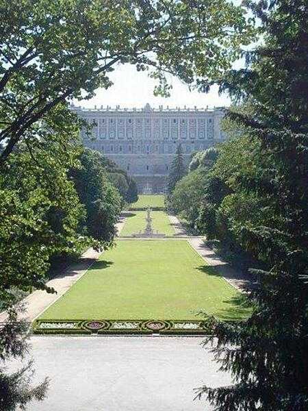 West facade of the Royal Palace in Madrid as seen from the Campo del Moro (Garden of the Moors).