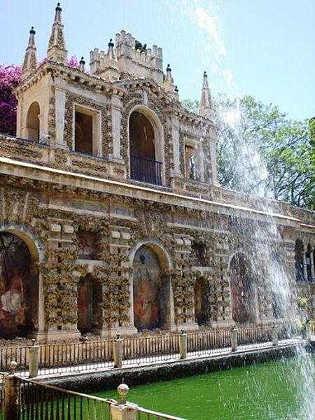 Fountain in the Garden of El Estanque in the Alcazar in Seville.