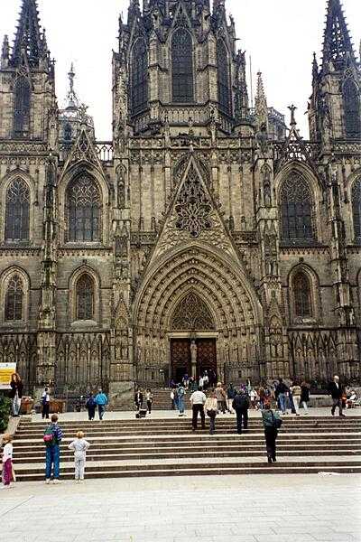 The neo-Gothic facade of the Cathedral of the Holy Cross and Santa Eulalia in Barcelona (built 13th-15th centuries).