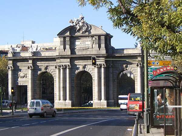 The Alcala Gate in Madrid, completed in 1778, is regarded as the first modern post-Roman triumphal arch built in Europe; it is older than similar monuments in Paris and Berlin. This view is of the front (west) side.