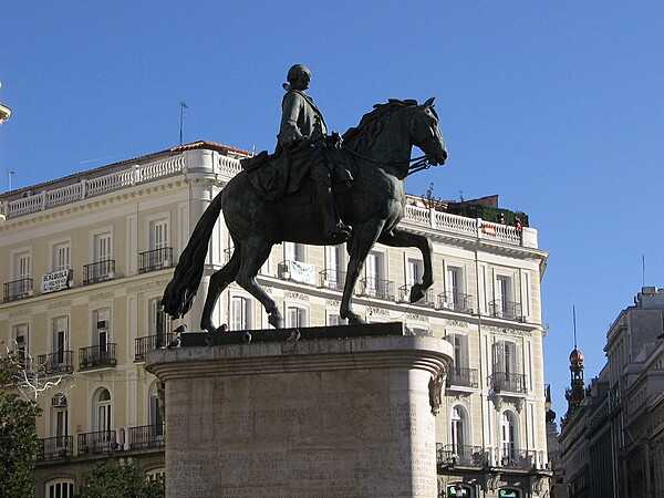 Equestrian statue of King Charles III in Madrid.