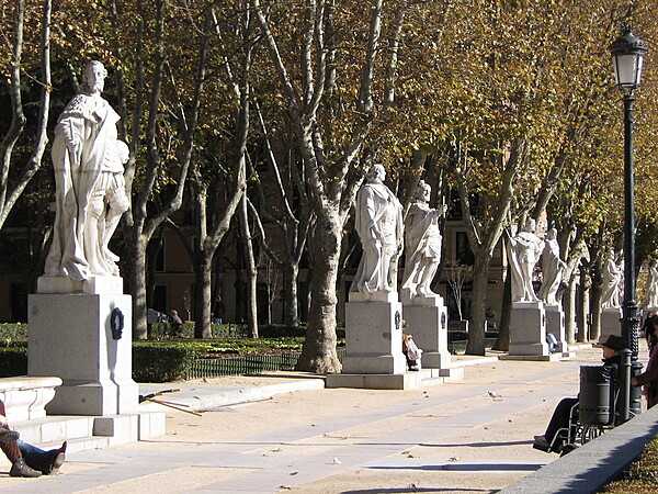 Statues of Spanish kings in the Plaza de Oriente, near the Royal Palace.