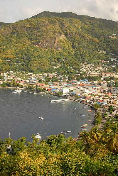 A view showing part of the town of Soufriere and its harbor.