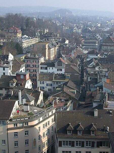 Aerial view of Zürich, the largest city in Switzerland and capital of Zürich canton. The city lies at the northwestern tip of Lake Zürich in north-central Switzerland.  Zürich is headquarters to many of Switzerland's financial institutions and banking companies.