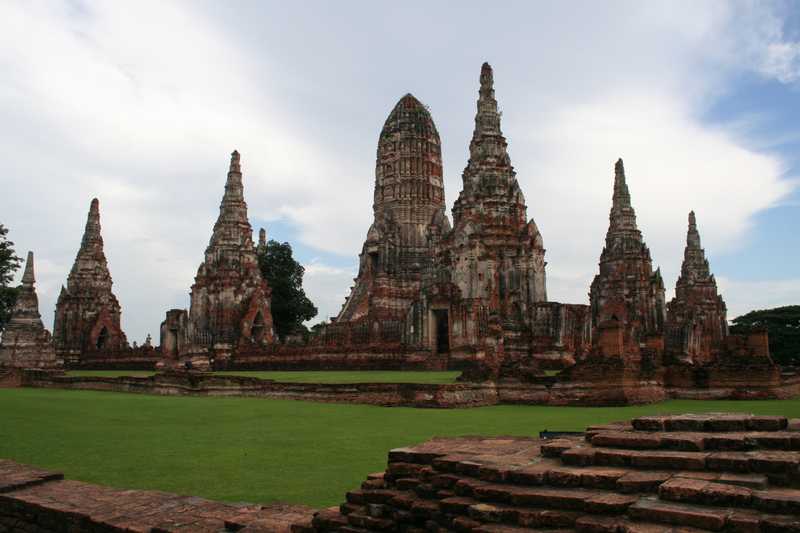 Temple complex at Ayutthaya.  The city is situated on an island surrounded by three rivers connecting it to the sea.  Ayutthaya's hydraulic water management system was unique in the world at that time and both protected the city from invaders and maintained irrigation needed for agriculture.