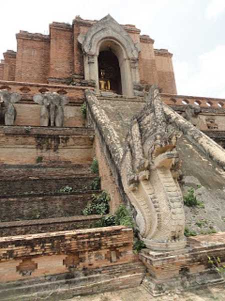 A closer view of the entrance to Wat Chedi (Temple stupa) Luang in Chiang Mai city.