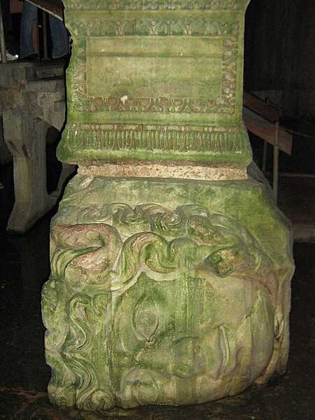 One of two Medusa head pillars in the Basilica Cistern beneath Istanbul. The Medusa heads heads were removed from a building of the late Roman period and brought to the cistern to be reused as pillar bases.