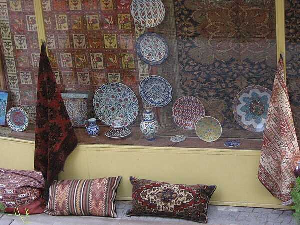 Rugs and ceramics for sale at an Istanbul shop.