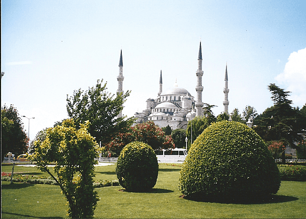 The blue-tipped minarets and blue roof tiles of the of the Sultan Ahmed Mosque, along with many blue decorative tiles in the interior,  give this national mosque in Istanbul its Blue Mosque nickname.