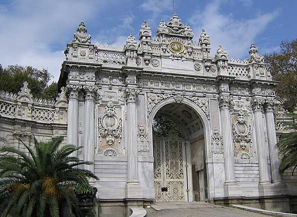 The Gate of the Sultan at the Dolmabahce Palace in Istanbul. Built between 1843 and 1856, the Palace served as the main administrative center of the Ottoman Empire through most of the second half of the 19th and early 20th centuries.