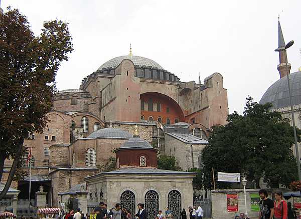 The Hagia Sofia (Church of the Holy Wisdom) in Istanbul is a former Christian Greek Orthodox cathedral, later an Ottoman imperial mosque, and now a museum. Completed in A.D. 537, it was the world's largest building and an engineering marvel of its time, chiefly renowned for its vast dome. It is considered the epitome of Byzantine architecture.