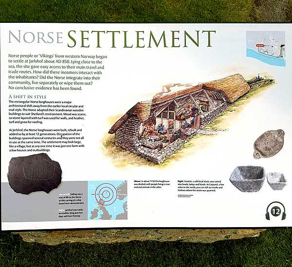 Information on Norse settlement at Jarlshof, Shetland, which began about 850 and continued for several centuries.