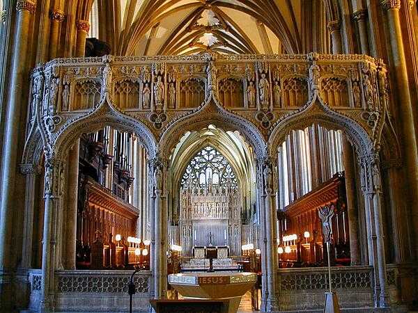 The Choir of Bristol Cathedral (the Cathedral Church of the Holy and Undivided Trinity). The church was founded in 1140 as Saint Augustine&apos;s Abbey, and rebuilt in 1542 in the Romanesque style; it was added on to again in the 19th century.