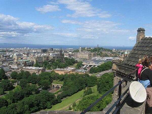 A view of Edinburgh from its castle. The Firth of Forth, the estuary of Scotland&apos;s Forth River, may be seen in the background.