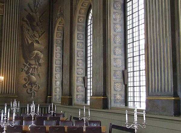 A section of the Painted Hall and its famous trompe l&apos;oeil decorations at the King William Court of the Old Royal Naval College in Greenwich.