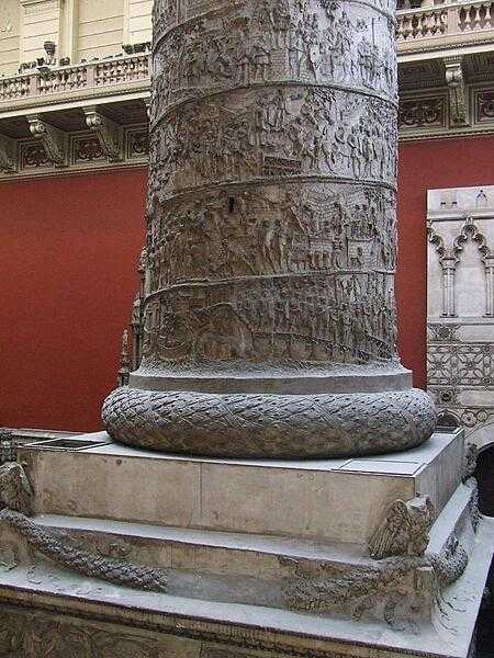 Close up of the base of the cast of Trajan&apos;s Column as displayed at the Cast Court in the Victoria and Albert Museum in London.