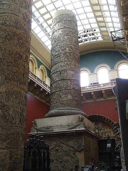 A cast of Trajan&apos;s Column (cut in half, upper part seen in foreground) as displayed at the Cast Court in the Victoria and Albert Museum in London. The acquisition by museums of plaster casts of important monuments and works of art was especially popular in the mid-to-late 19th century, since few people could afford to travel to the Continent to view the originals. The V&amp;A&apos;s collection is regarded as one of the finest remaining in the world.