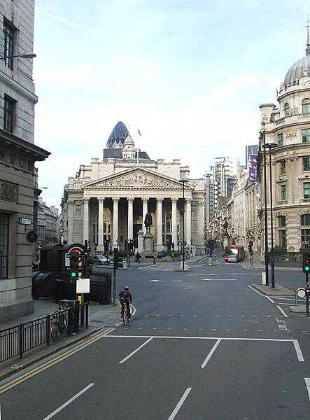 The Royal Exchange in London. This - the third exchange building on the site - dates to 1844. The Royal Exchange no longer acts as a center of commerce, but is now a luxurious shopping center.