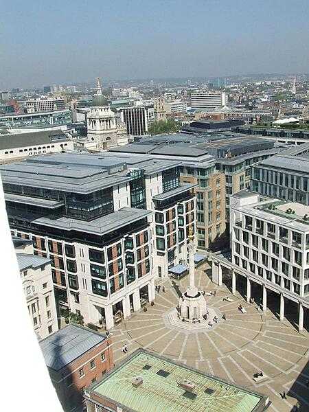 A look down into Paternoster Square from the dome of St. Paul&apos;s Cathedral in London. The area is the location of the London Stock Exchange, as well as various investment banks.