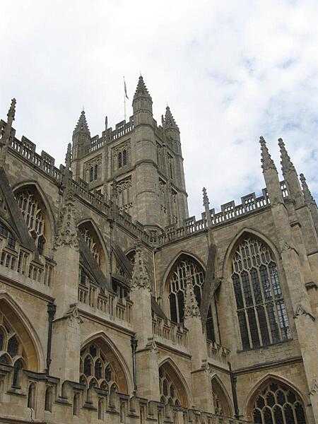Close up of the Gothic exterior of Bath Abbey, Bath, England.
