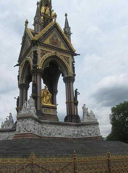 A closer view of the Albert Memorial in Kensington Gardens, London.