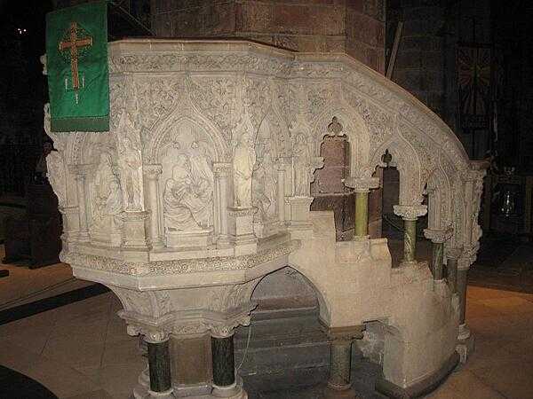 The elaborately carved marble pulpit inside Saint Giles Cathedral, Edinburgh.