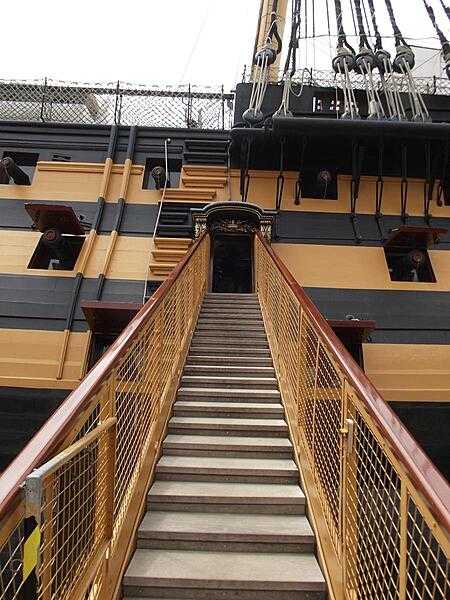Entrance gangway to HMS Victory, berthed at the historic dockyard in Portsmouth, England.