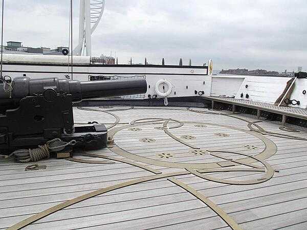 One of the innovations on HMS Warrior was the employment of newly developed breech loading, rifled guns such as the Armstrong 110 pounder 7 inch (177 mm) gun. The gun was mounted on a pivot to allow a wide range of fire and metal tracks in the deck facilitated the movement of the gun carriage.