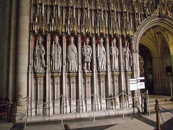 A portion of the choir screen in York Minster shows carvings of many of England&apos;s early kings.