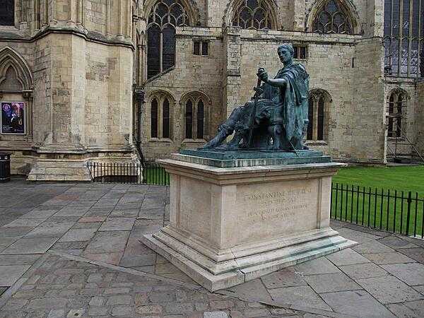 Statue of Roman Emperor Constantine at the south transept of York Minster (York Cathedral) in North Yorkshire, England. This is near the spot where Constantine was proclaimed Augustus (i.e., co-emperor) in A.D. 306 by his troops. Following a number of civil wars, Constantine became sole emperor by 324. His Edict of Milan in 313 declared tolerance for Christianity in the Roman Empire and proved a turning point for the spread of the Christian Church.