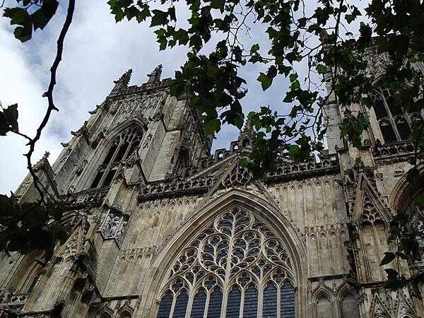 A closer view of the front facade of York Minster, whose formal title is &quot;The Cathedral and Metropolitical Church of St. Peter in York.&quot;