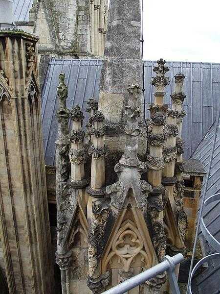 Some of York Minster&apos;s decorative roof finials show severe weathering, as well as areas where restoration has taken place.