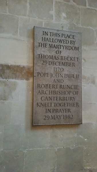 Plaque in Canterbury Cathedral memorializing the martyrdom of Thomas Becket in the Cathedral on 29 December 1170.