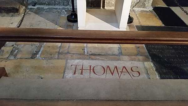 Stone marking the spot where Thomas Becket was murdered in Canterbury Cathedral by knights of King Henry II for opposing the king. Becket was Archbishop of Canterbury from 1162-1170. He was canonized as a saint after his death.
