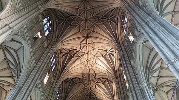 A view of the massive ceiling vault of the 1,400-year-old Canterbury Cathedral, mother church of the worldwide Anglican community, seat of the Archbishop of Canterbury, and part of a UNESCO World Heritage site.