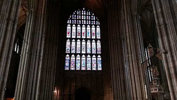 One of the many impressive stained glass windows in the 1,400-year-old Canterbury Cathedral.