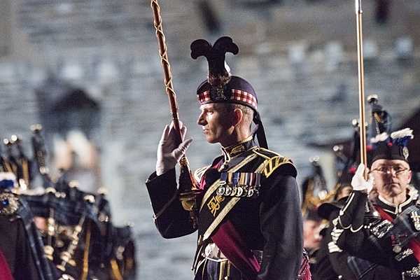 The 1st Battalion Scots Guard Pipes and Drums, along with the Royal Highland Fusilers, 2nd Battalion the Royal Regiment of Scotland perform during the Royal Edinburgh Military Tattoo held at Edinburgh Castle, Scotland, 25 August 2017. In 2017,  performers from 50 countries took part in the Tattoo, including the US Navy Band. Photo courtesy of the US Navy/ Petty Officer 1st Class Dominique A. Pineiro.
