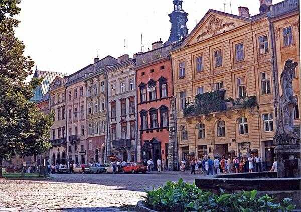 A view along Rynok (Market) Square in Lviv.