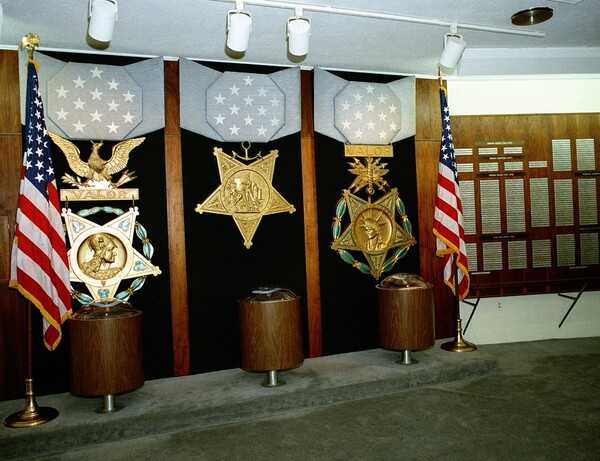 The Hall of Heroes at the Pentagon was dedicated by President Lyndon B. Johnson  on 14 May 1968  and lists the name of every Medal of Honor recipient. Also displayed on the wall are representations of the Army, Navy-Marine-Coast Guard Medals of Honor.  The Medal of Honor was first presented 25 on March 1863 .