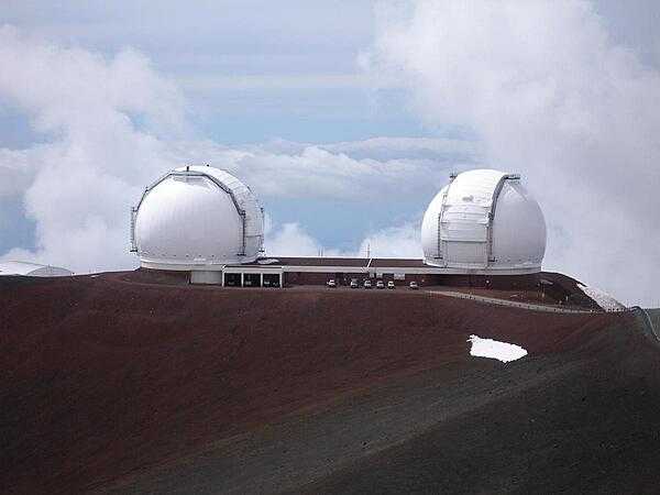 The Keck Observatory on Mauna Kea, Hawaii is considered one of the most important astronomical viewing sites in the world. The white patch in the foreground is snow.