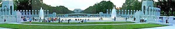 Panorama of the National World War II Memorial in Washington D.C. The memorial - located on the National Mall between the Lincoln Memorial (seen in the background) and the Washington Monument - highlights both the Atlantic and Pacific theaters of the war.