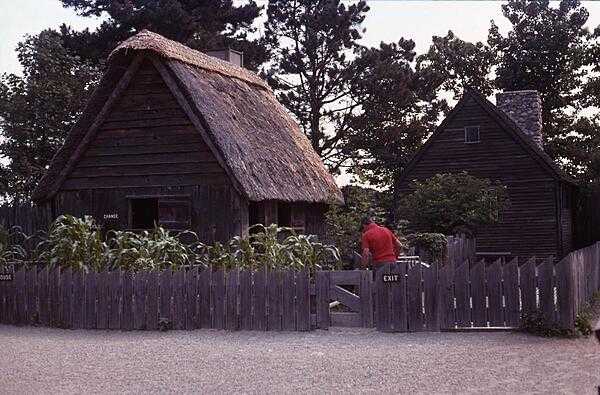 A couple of the dwellings at Plimouth Plantation, a living history museum in Plymouth, Massachusetts that recreates the original English colony of the 17th century.