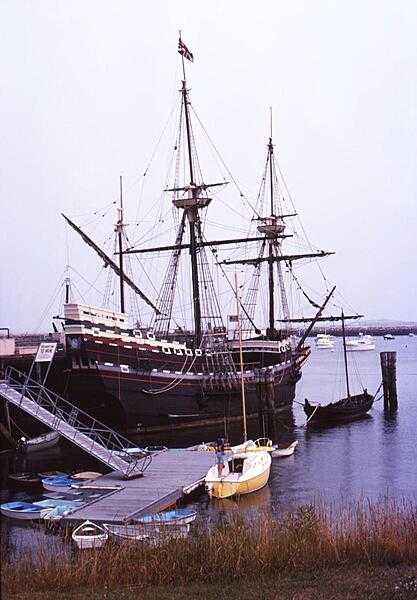 The Mayflower II at State Pier in Plymouth, Massachusetts. The ship is a replica of the 17th century Mayflower that transported the Pilgrims (some of the earliest English settlers) to the New World.