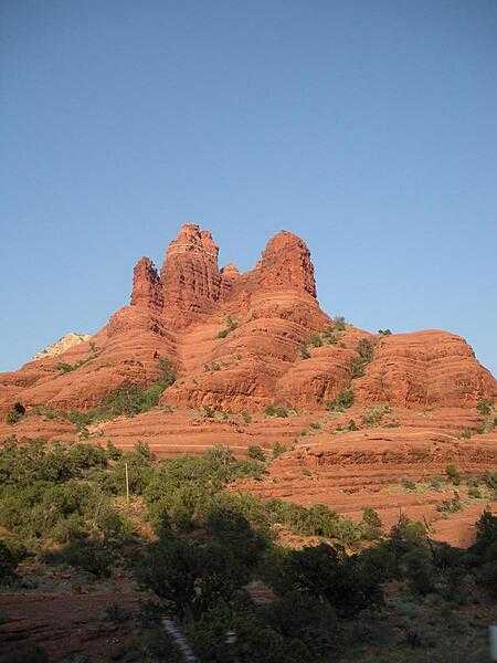 Rock formations in the Sedona area of Arizona display their distinctive horizontal sedimentary rock layers.