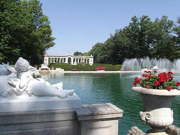 The one-acre (0.4 hectare) Reflecting Pool at the foot of the Long Walk at Nemours Gardens, Wilmington, Delaware features 157 jets shooting water 12 ft (3.5 m) into the air. When they are turned off, the entire Long Walk is reflected in the pool. The pool, 5.5 ft (1.7 m) deep at its deepest section, holds 800,000 gallons (3.028 million liters) of water and takes three days to fill.